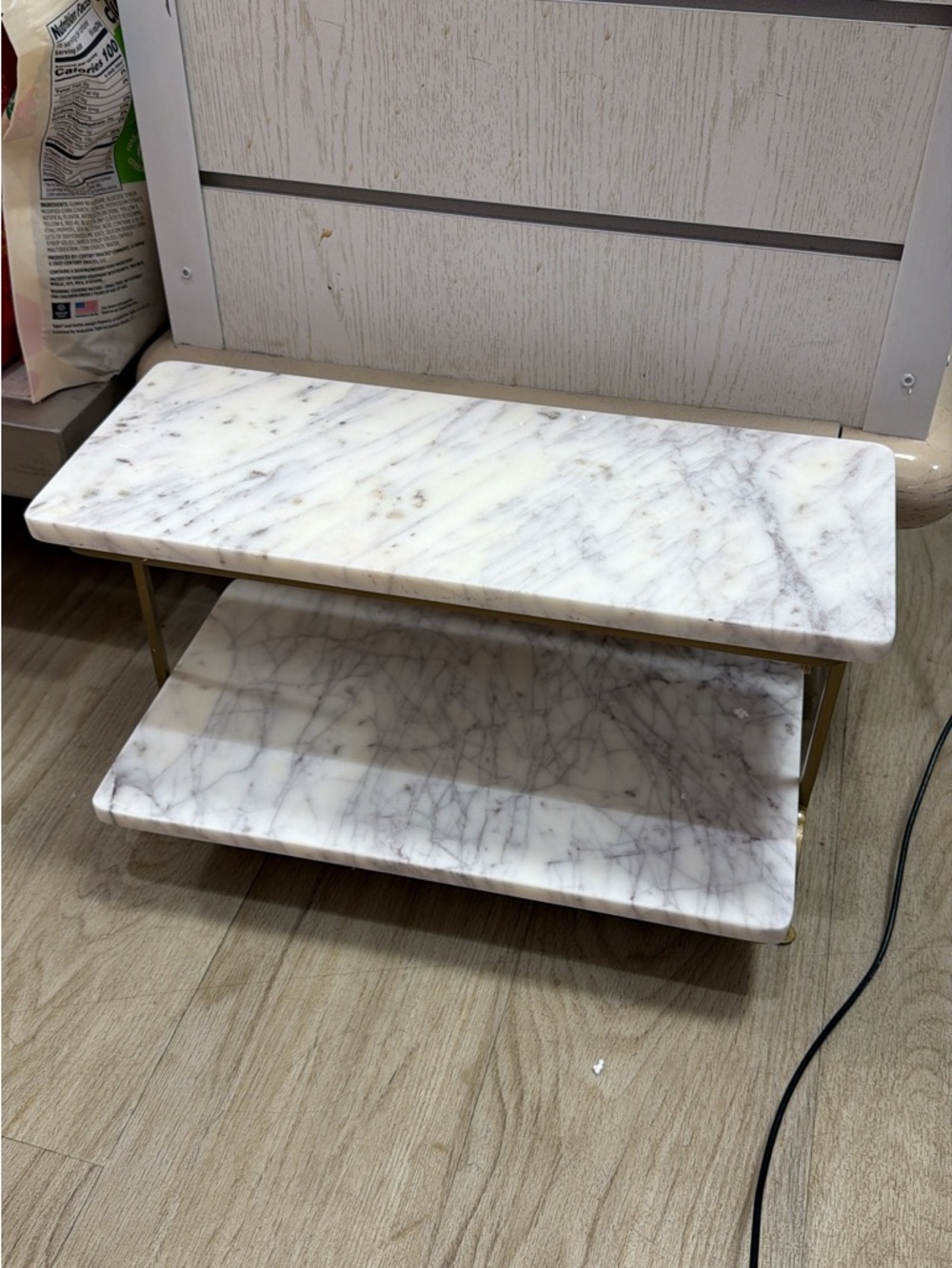 Two-Tier White Marble Display Stand with Brass Frame